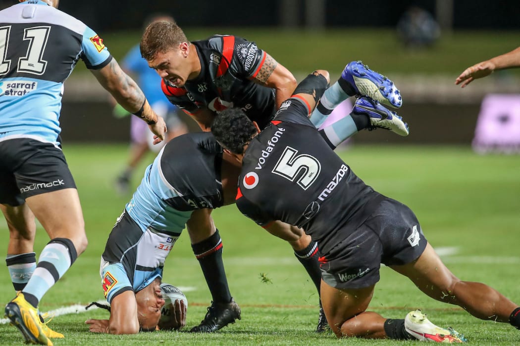 Chanel Harris-Tavita and George Jennings upend Sione Katoa .  Netstrata Jubilee Stadium, Sydney, NSW, Australia, Sunday 13th