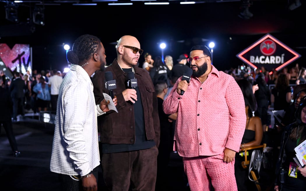 ELMONT, NEW YORK - SEPTEMBER 11: (L-R) Dometi Pongo, Fat Joe, and DJ Khaled attend the 2024 MTV Video Music Awards at UBS Arena on September 11, 2024 in Elmont, New York.