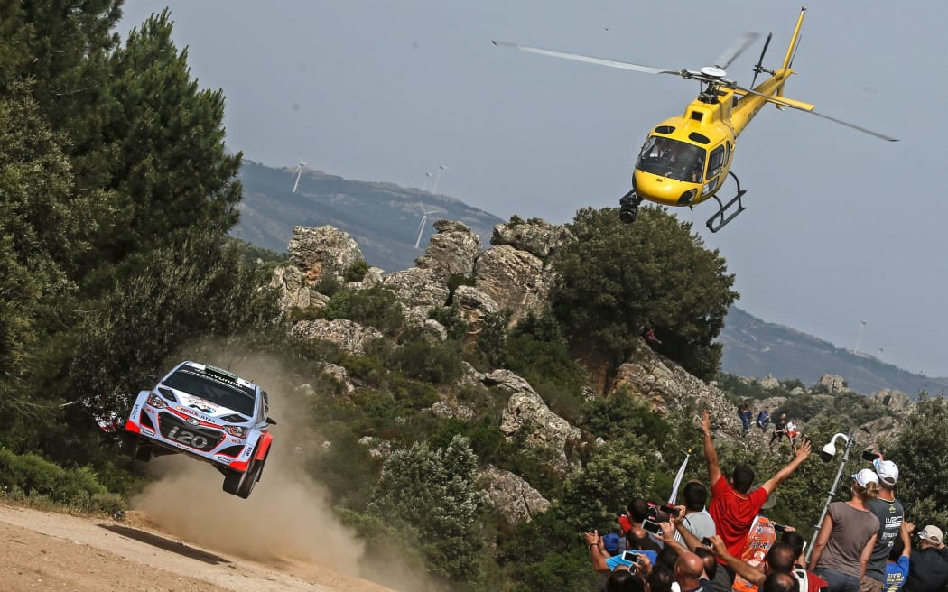 Hayden Paddon is filmed by a helicopter during day two of the rally of Italy, 2015.