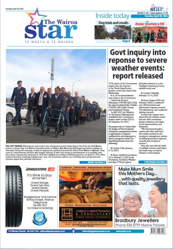 The front page of the Wairoa Star on 30 April 2024.