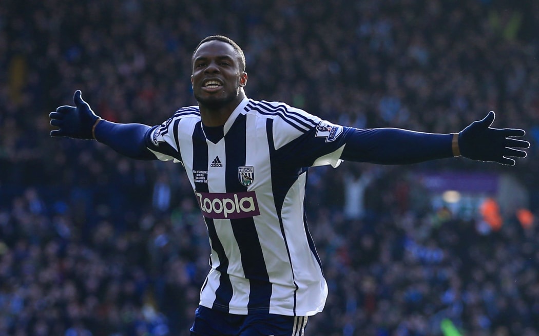 West Bromwich Albion player celebrates after their 1st goal. 2014.