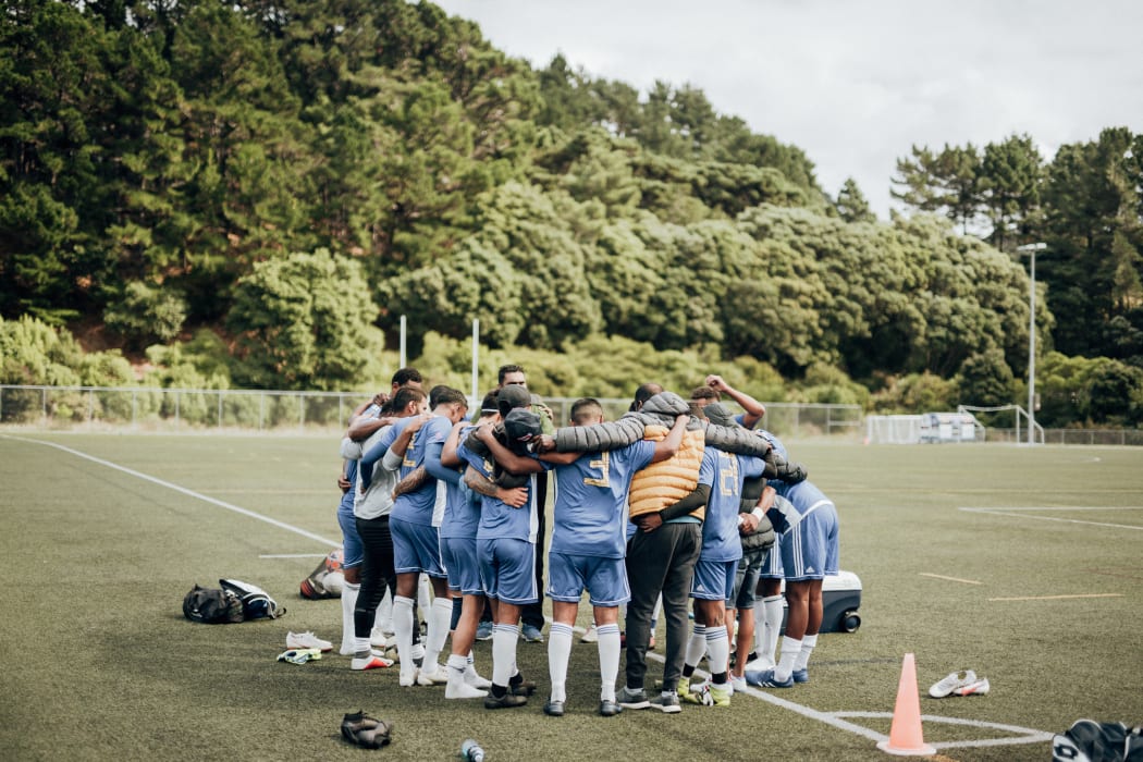Wellington Lautoka FC huddle up ahead of their first group match in the 2021 Wellington B.O.G. tournament. March 2021