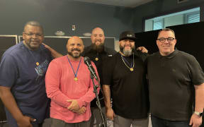 Barbershop world champions Signature Quartet join Jesse Mulligan on Afternoons, alongside Antony Currington, chair of the New Zealand Barbershop Convention (right).