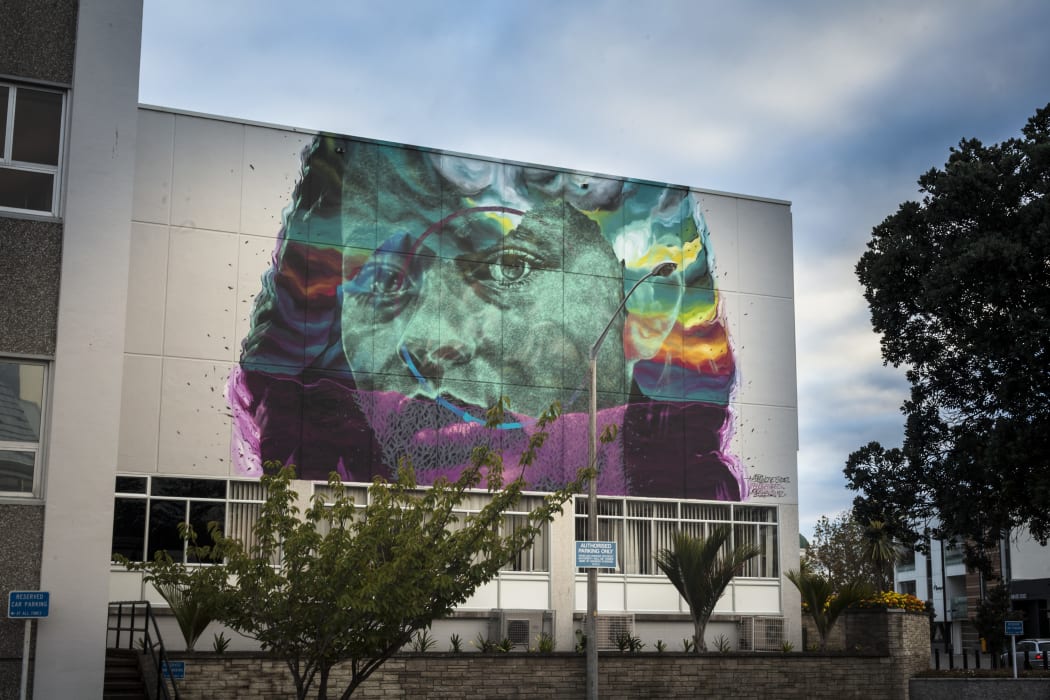 Mural by New Zealand artist Askew One on the side of the Napier City Council building