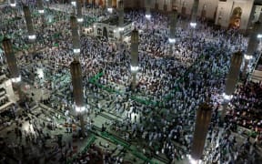 MEDINA, SAUDI ARABIA - AUGUST 19: Muslims pray at Masjid al-Nabawi after completing the hajj pilgrimage in Medina, Saudi Arabia on August 19, 2019.