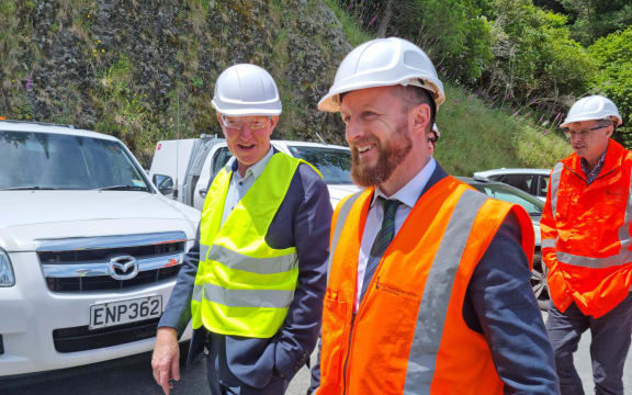 Nelson mayor Nick Smith and Emergency Management minister Kieran McAnulty at a SH6 repair site north of Nelson.