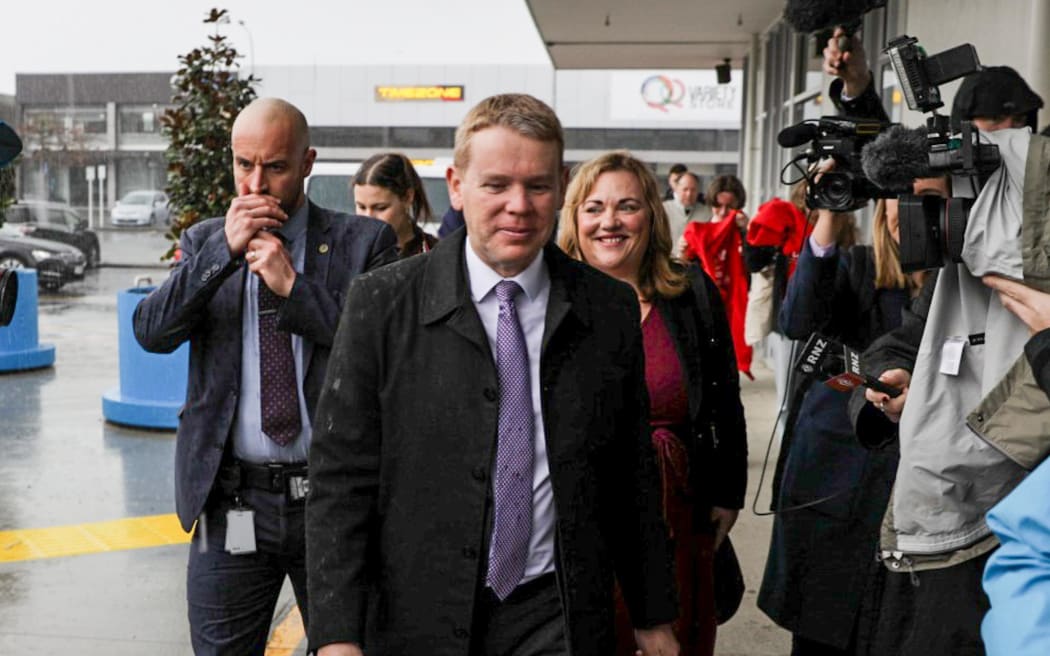 Labour leader Chris Hipkins on the election campaign trail, with Nelson candidate Rachel Boyack (right), on the streets of Nelson on 11 September, 2023.