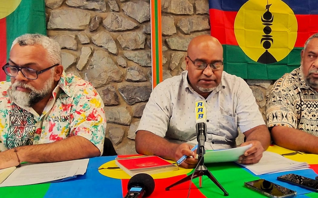 Left to right: New Caledonia’s pro-independence Union Calédonienne leaders Emmanuel Tjibaou, Dominique Fochi and  Mikaël Forrest hold press conference on 31 July 2025.