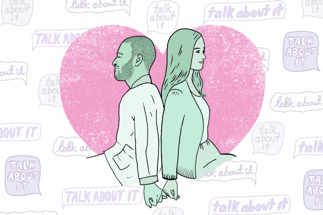 An illustration of a couple sitting with their backs to each other, but linking their pinkies together. Speech bubbles in the background repeat in different fonts with the words "talk about it".