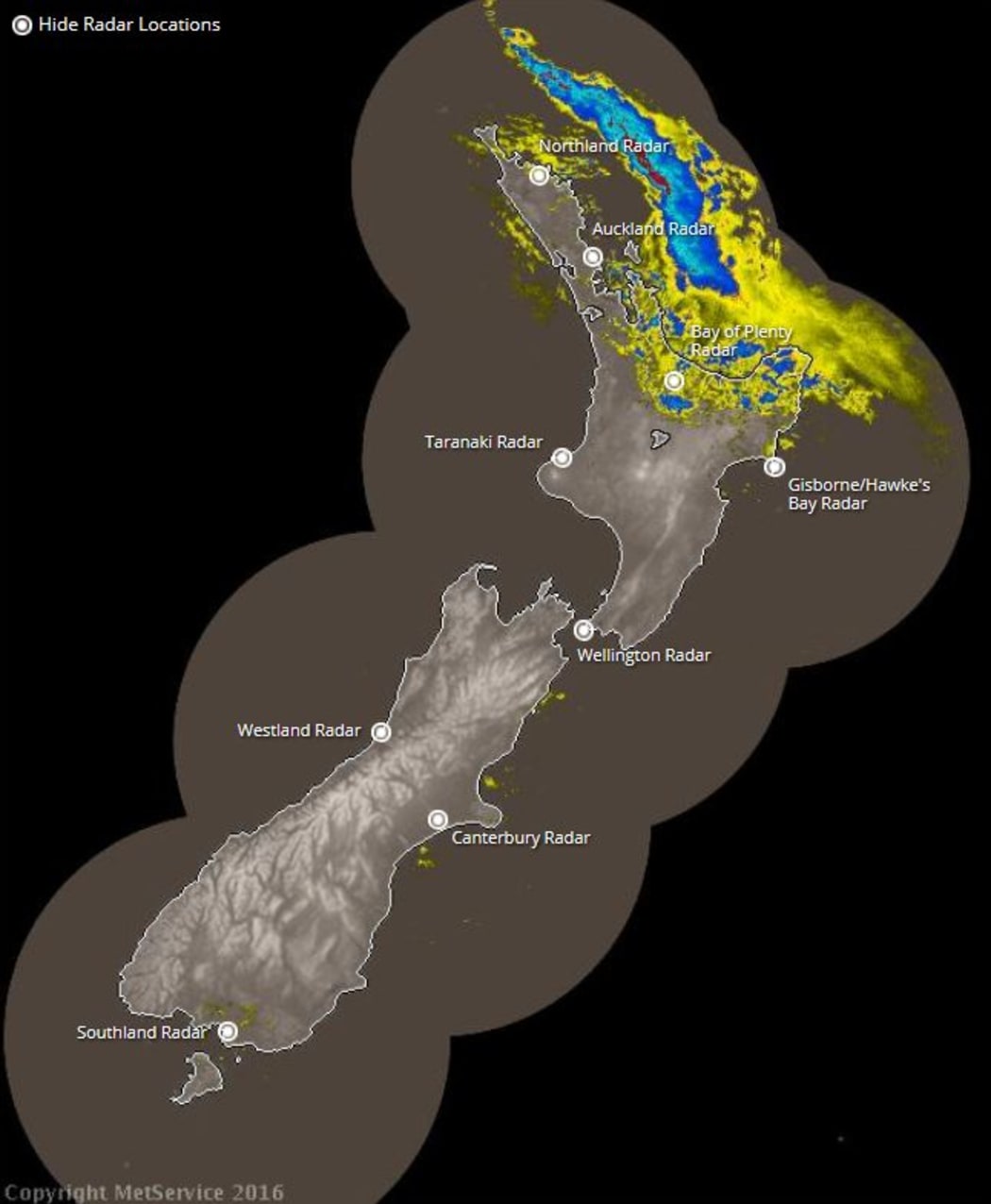 A graphic shows MetService's rain radar shortly before 9.30am.