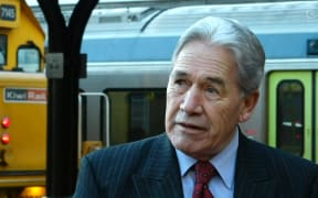 Winston Peters responds to a heckler during a media conference at Wellington Railway Station.