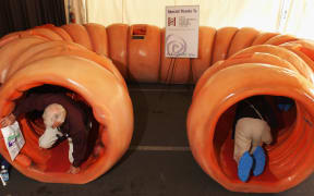 People crawl through a 12.19m long and 1.22m high replica of a human colon in the United States.