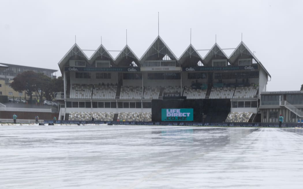 Rain falls at the Basin Reserve during the first ODI between the White Ferns and Australia in the Rose Bowl series
