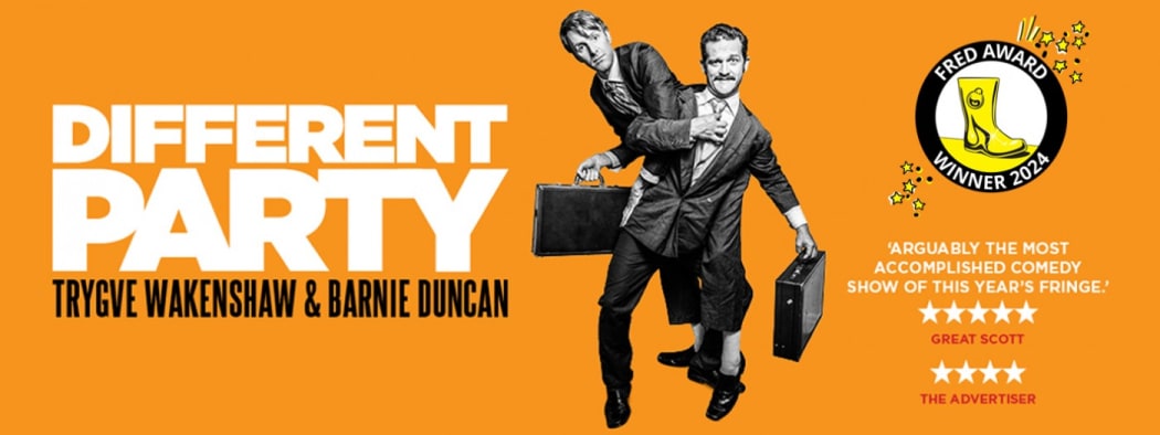 A poster for Barnie and Trygve's show, "DIFFERENT PARTY". The poster has an orange background. In a black and white photo, Barnie and Trygve jostle for position, wearing business suits and carrying briefcases.