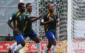 Former Solomon Islands striker Henry Fa'arodo celebrates a goal against New Zealand in 2017.