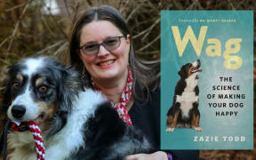 Composite image of animal behaviour expert Zazie Todd sitting with her dog overlayed with the cover of her book "Wag: The Science of Making your Dog Happy