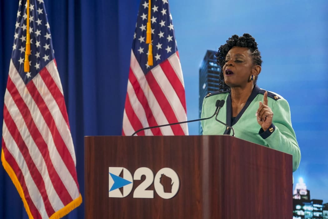 US Democratic Representative Gwen Moore speaks during the Democratic National Convention at the Wisconsin Center.