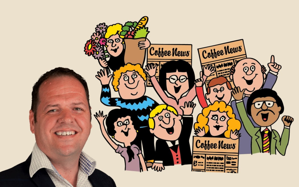 A composite image showing a headshot of Rudy smiling and the illustrated masthead of Coffee News, with cartoon people smiling and waving.