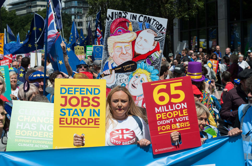 Tens of thousands of pro-European protesters congregate along Park Lane ahead of an anti-Brexit Yes to Europe, no to Boris demonstration on 20 July, 2019 in London, England.