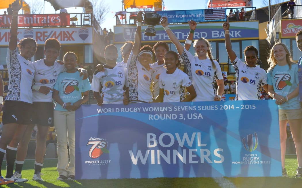 Fiji celebrate winning the bowl title at the Atlanta round of the Women's Sevens Series.