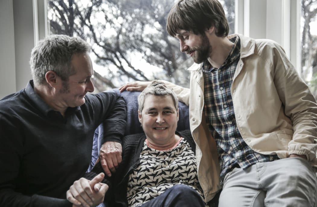 22082016 Photo: Rebekah Parsons-King. L-R  Max Kelly (Helen's brother) Helen Kelly and Dylan Kelly (Helen's son).