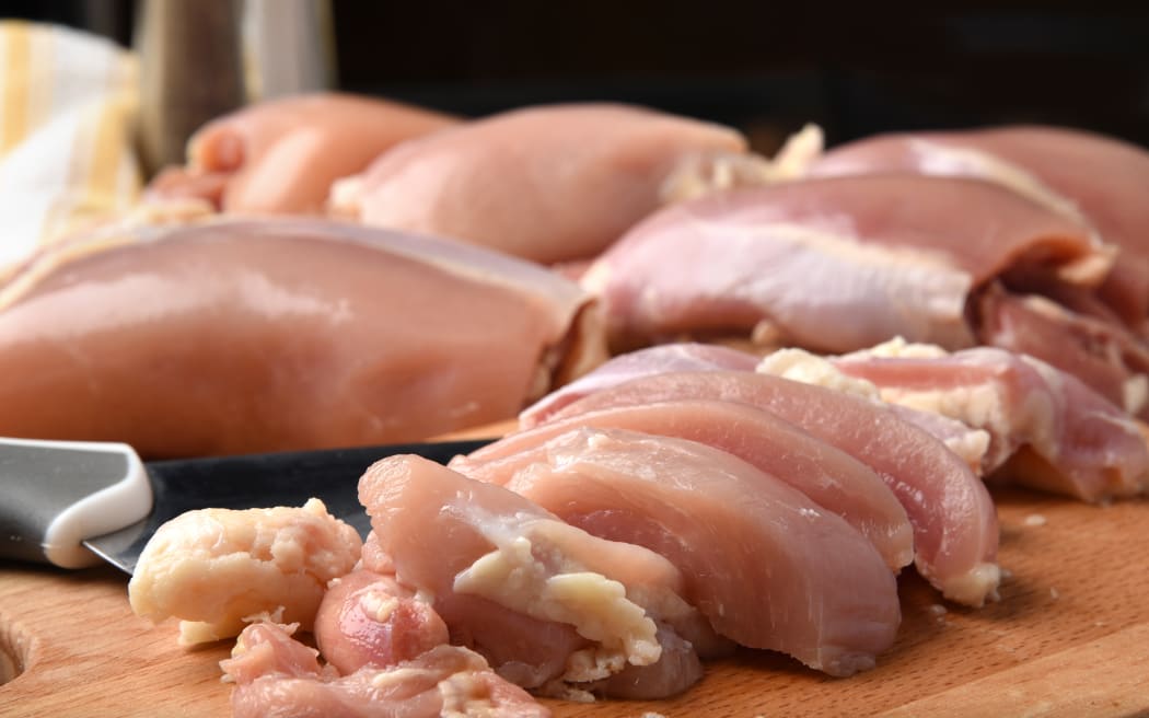 A closeup of fresh chicken meat on a wooden board.