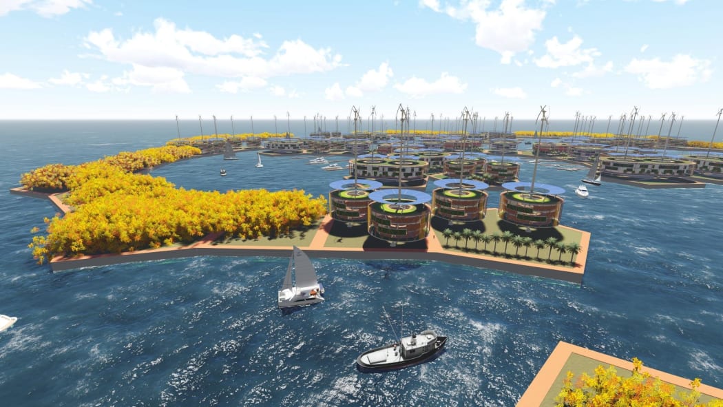Artists impression of "Storm Makes Sense of Shelter" a winning entry in the Seasteading Institute's design competition for a floating city.