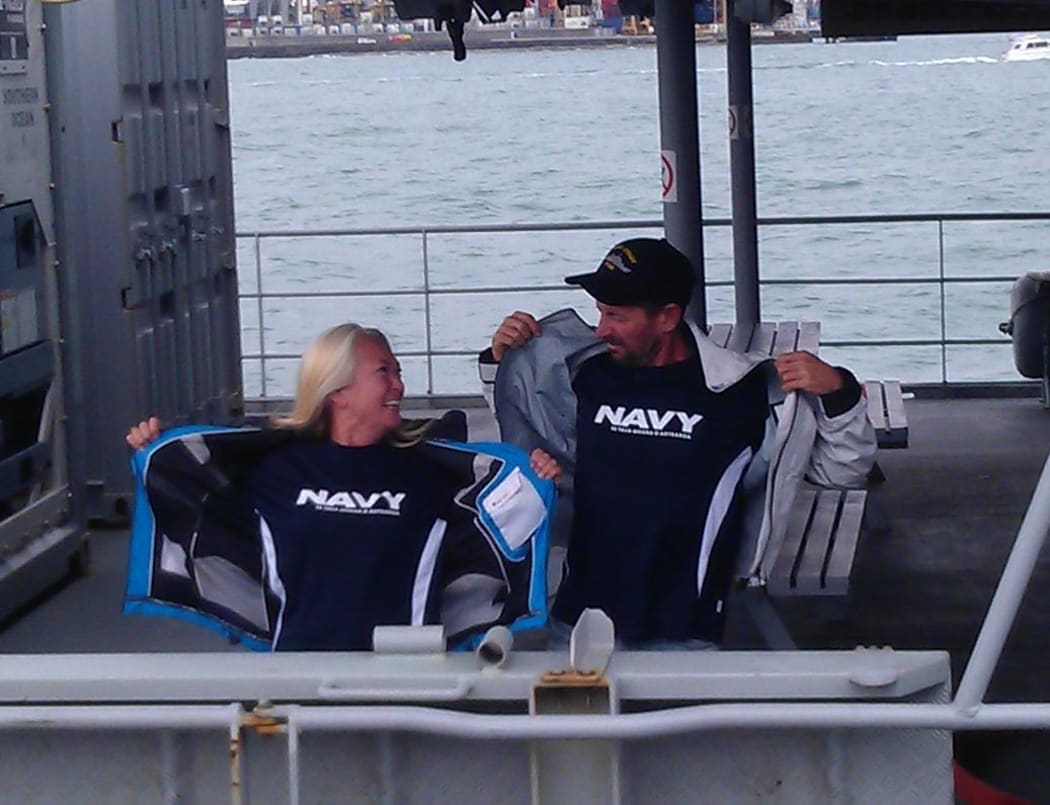 Tanya Davies and Stephen Jones arriving in Auckland on the HMNZS Otago.