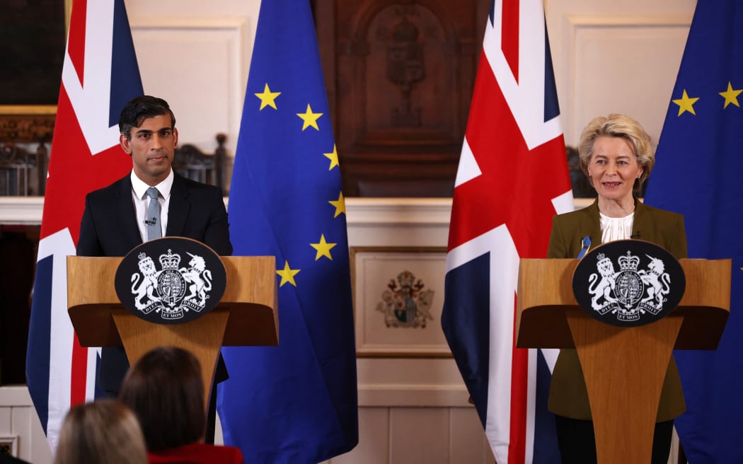 Britain's Prime Minister Rishi Sunak and European Commission chief Ursula von der Leyen attend a joint press conference at the Fairmont Hotel in Windsor, west of London on February 27, 2023, following their meeting.