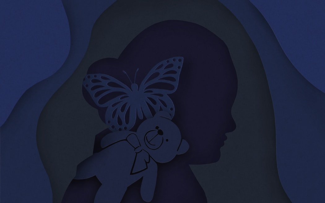 Cut paper silhouette of girl, teddy bear and butterfly