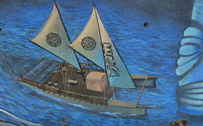 The Vaka Marumaru Atua features on the seawall mural.