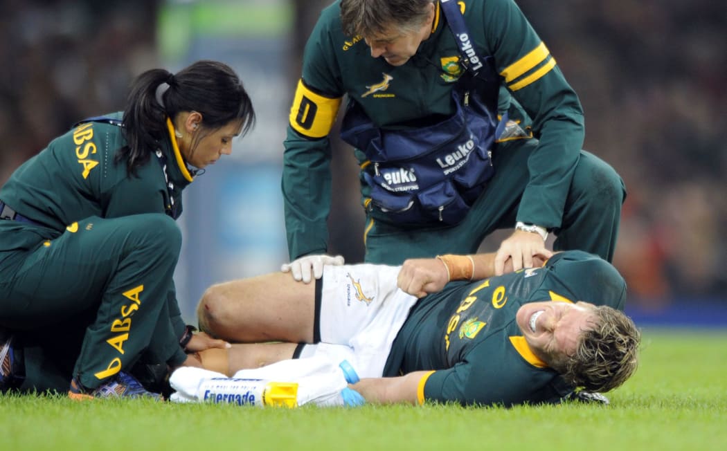 Springbok captain Jean de Villiers suffers knee injury playing against Wales 2014.