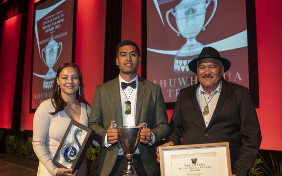 Quinn Morgan, centre, was announced as the winner at a gala dinner in New Plymouth, Taranaki.