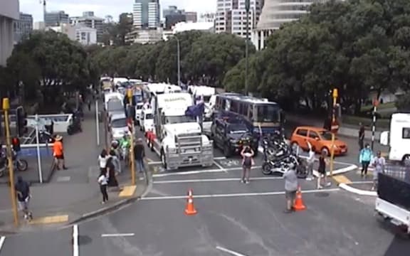 Vehicles in the protest convoy protesting Covid-19 vaccine mandates near Parliament.