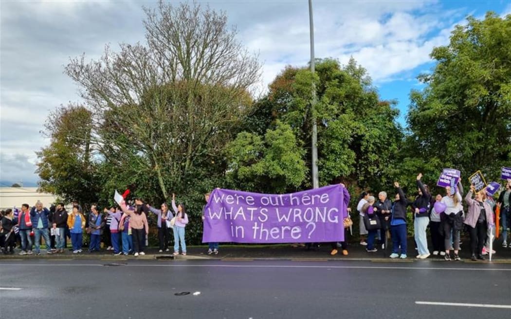 Nurses and supporters protest at Waikato Hospital, Hamilton, 30 July 2025.