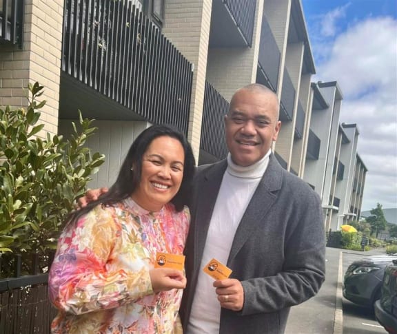 First time Green Party of Aotearoa New Zealand MP Fa'anānā Efeso Collins with his wife at a polling booth.