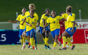 Solomon Islands celebrate their second goal during the OFC Women's Nations Cup 2025, Final, Papua New Guinea v Solomon Islands, HFC Bank Stadium, Suva, Fiji, Saturday 19 July 2025. Photo: Kirk Corrie / www.phototek.nz