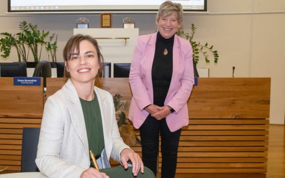 Christchurch City councillor Celeste Donovan, left, with retiring mayor Lianne Dalziel  - at Donovan's swearing-in in October 2021