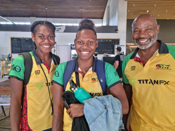 Team Vanuatu heading to China (from left) players Bella Lawac, Tini Toko and coach Steve Anderson. June 2023