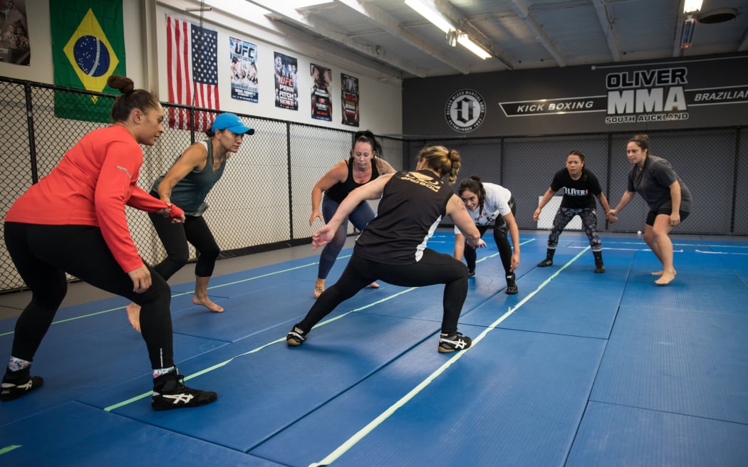 Members of the New Zealand Women's Kabaddi team training in a gym in Manukau, Auckland.