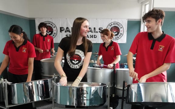 The Panimals are, from left, Irie Garland (seconds), Kaiser Jacoby (bass), Gabriella Uphof (tenor pan), Adara Lunjevich (cello pans) and Harlyn Abraham (tenor pan). Absent in this photo: Levi Williams (drums) and Larissa Tanuvasa (seconds).