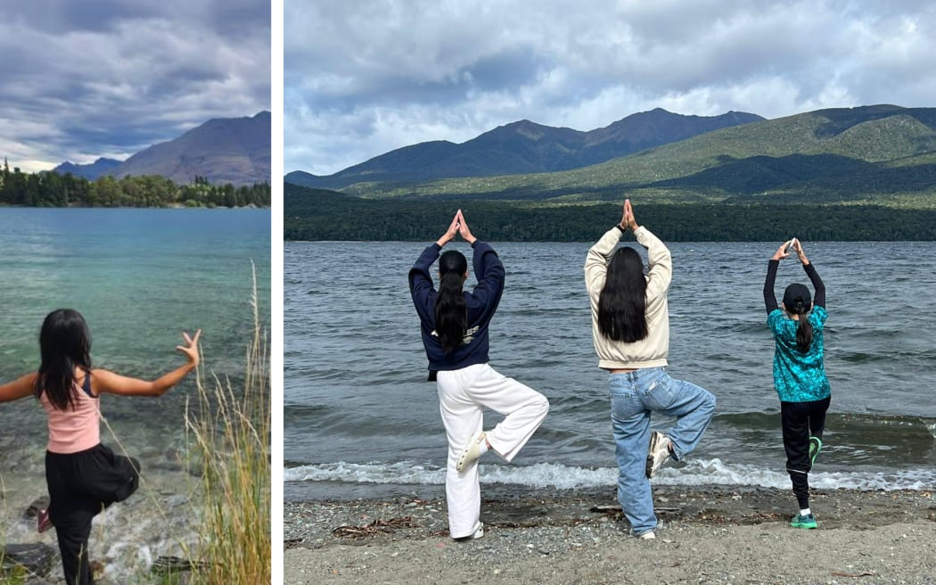 Tegan Chen's friends (right) strike a pose similar to the 10-year-old who drowned in Fiordland National Park in 2024 during a visit to honour her memory in January 2026. Left: Tegan Chen at Lake Wakitipu two years earlier.