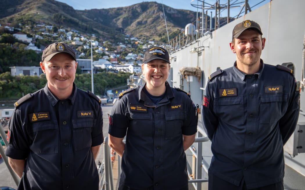 Ordinary Hydrographic Systems operators Camera Norton and James Marsh with Ensign Bravo Watchkeeper under training Renee Woodward.