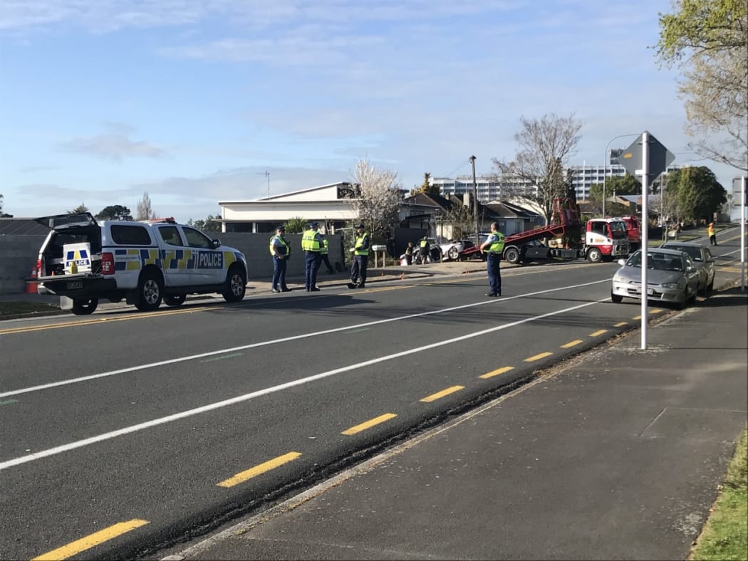 Police at the scene of a crash in Pembroke St, Hamilton.