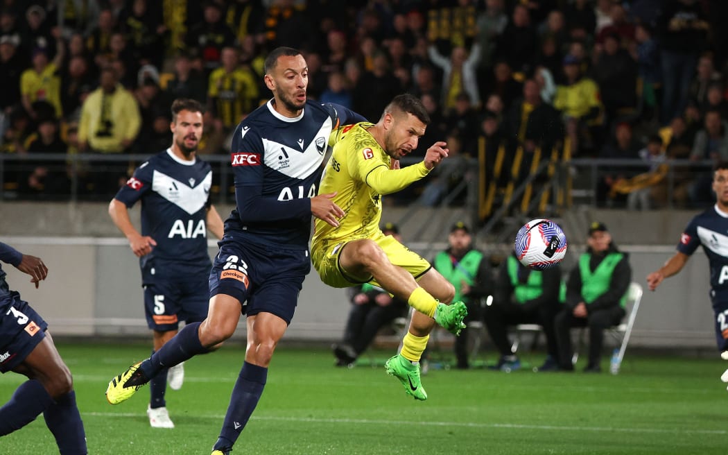 Phoenix Kosta Barbarouses (R with Melbourne Victory Captain Roderick Miranda during the A-League Men’s Semi Final 1 (2nd leg) - Wellington Phoenix v Melbourne  Victory FC at Sky Stadium.