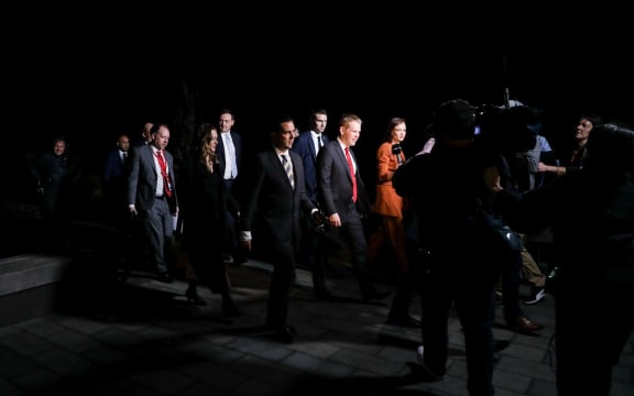 Labour leader Chris Hipkins arrives at the Labour Party event in Lower Hutt on Election Night 2023, with his party trailing way behind in the votes.