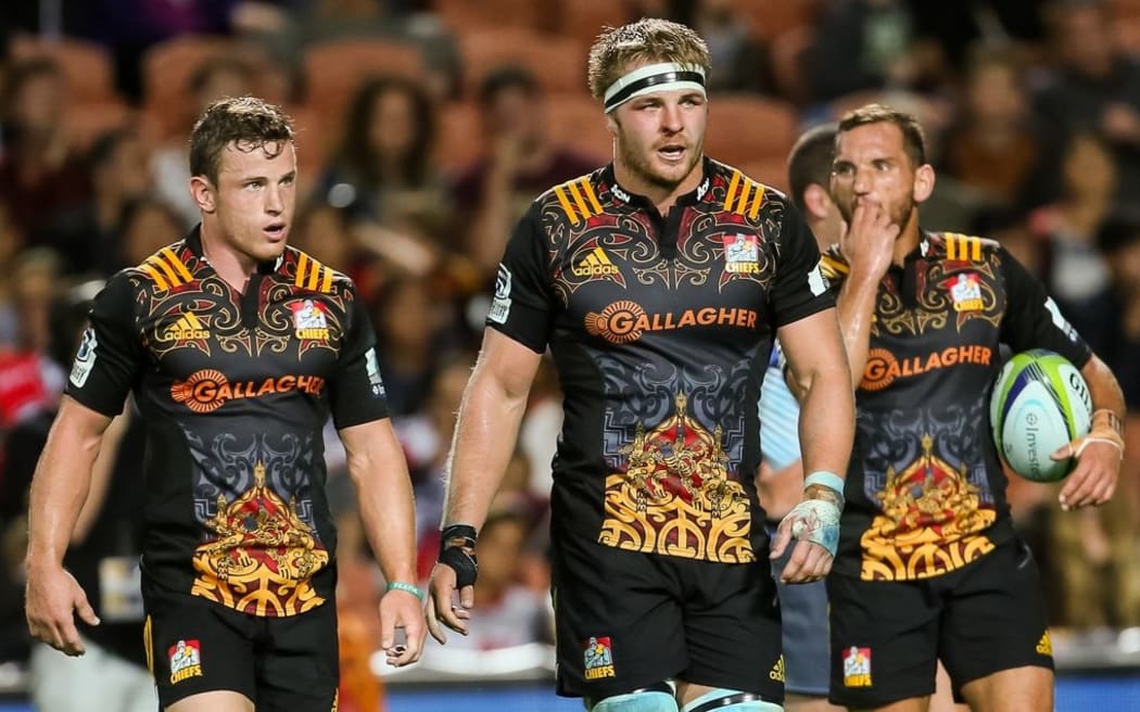 Chiefs Brad Weber, Sam Cane and Aaron Cruden (L-R), New Zealand on Saturday 26 March 2016