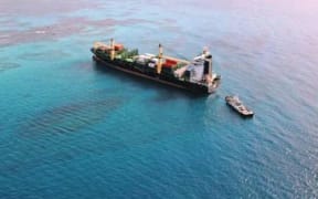 An aerial shot of the Paul Russ ship which ran aground entering the Port of Saipan, in the CNMI.