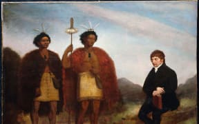 Painting of Thomas Kendall (right), and the Ngāpuhi rangatira Hongi Hika (center) and Waikato (left). Painted in 1820.