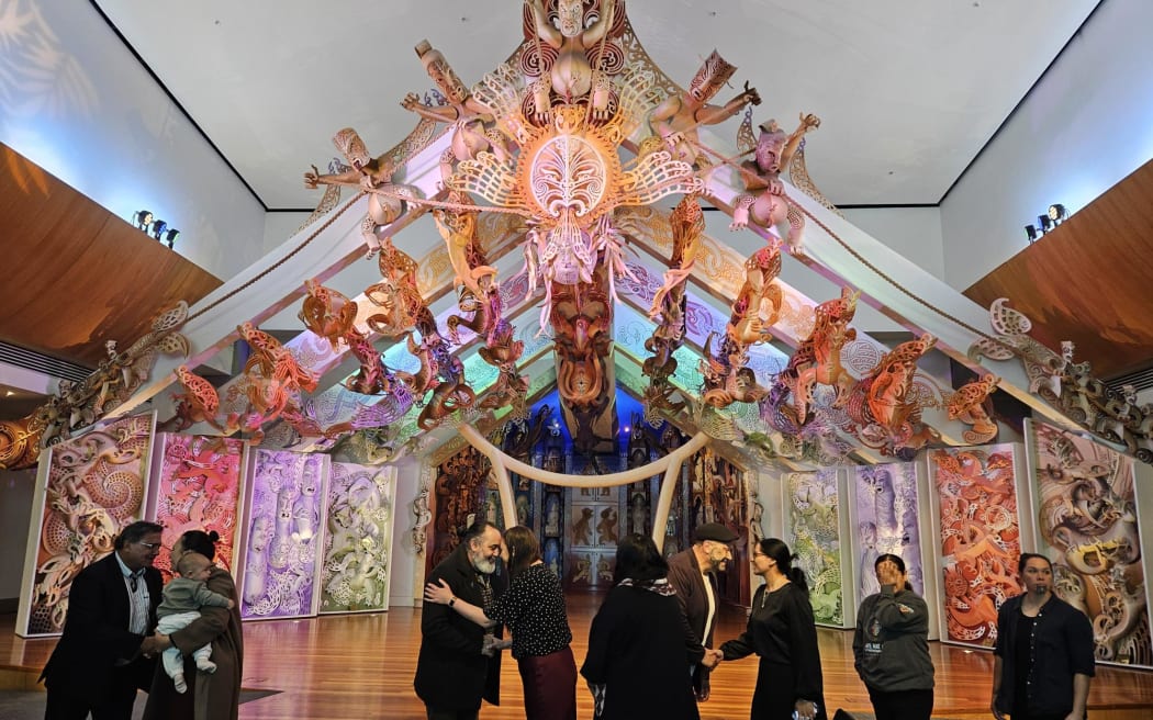 The pōwhiri for the Kura Reo Taiao at Rongomaraeroa Marae at Te Papa.